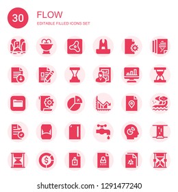 flow icon set. Collection of 30 filled flow icons included Waterfall, Fountain, Air, File, Hourglass, Files, Chart, Diagram, Water tap, Sand clock, Wave