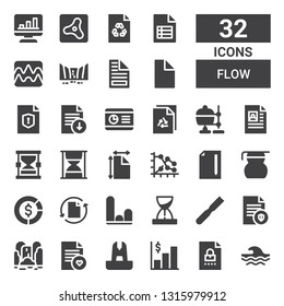 flow icon set. Collection of 32 filled flow icons included Wave, File, Graph, Fountain, Waterfall, Hourglass, Diagram, Measuring glass, Crucible, Air, Chart