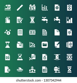 flow icon set. Collection of 36 filled flow icons included Sandclock, Crucible, File, Fountain, Wave, Hourglass, Waterfall, Files, Graph, Chart, Faucet, Water tap