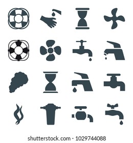 Flow icons. set of 16 editable filled flow icons such as tap, hourglass, hands washing, fan
