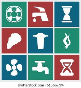 Flow icons set. set of 9 flow filled icons such as tap, fan, smoke