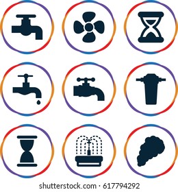 Flow icons set. set of 9 flow filled icons such as tap, fountain, fan, smoke