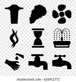 Flow icons set. set of 9 flow filled icons such as tap, fountain, hands washing, fan, smoke