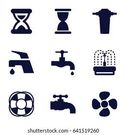 Flow icons set. set of 9 flow filled icons such as tap, fountain, fan