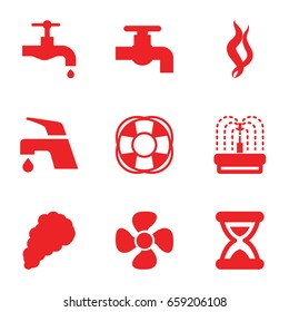Flow icons set. set of 9 flow filled icons such as tap, fountain, fan, smoke