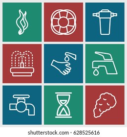 Flow icons set. set of 9 flow outline icons such as tap, fountain, hands washing, fan, smoke