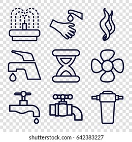 Flow icons set. set of 9 flow outline icons such as tap, fountain, hands washing, fan, smoke