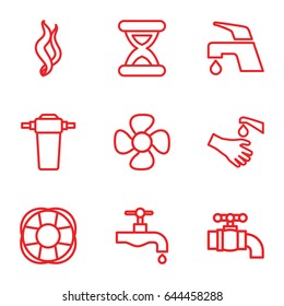 Flow icons set. set of 9 flow outline icons such as tap, hands washing, fan, smoke