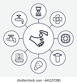 Flow icons set. set of 9 flow outline icons such as tap, fountain, hands washing, fan, smoke