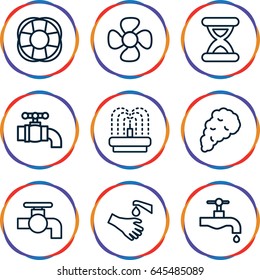 Flow icons set. set of 9 flow outline icons such as tap, fountain, hands washing, fan, smoke