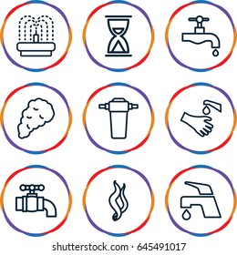 Flow icons set. set of 9 flow outline icons such as tap, fountain, hands washing, smoke