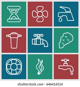 Flow icons set. set of 9 flow outline icons such as tap, fan, smoke