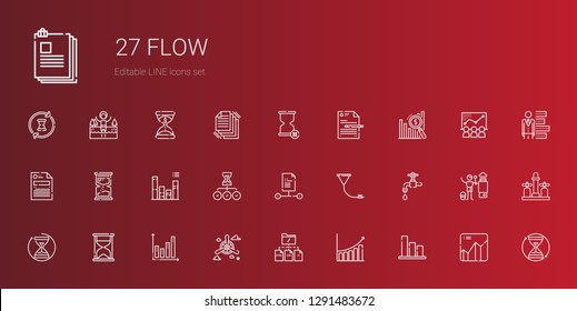 flow icons set. Collection of flow with bar chart, file, propeller, hourglass, faucet, funnel, graph, heater, chart, files, lake. Editable and scalable flow icons.