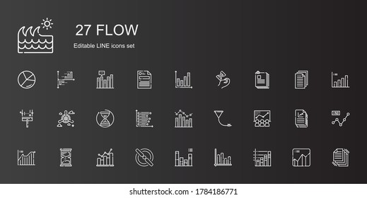 flow icons set. Collection of flow with bar chart, propeller, bar graph, hourglass, line chart, chart, funnel, wiper, files, graph, file, wave. Editable and scalable flow icons.