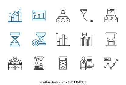 flow icons set. Collection of flow with line chart, bar chart, hourglass, workflow, lake, file, funnel, bar graph. Editable and scalable flow icons.