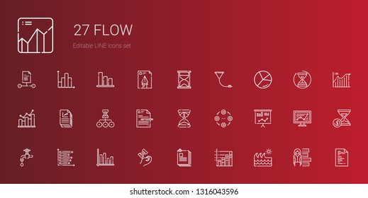 flow icons set. Collection of flow with wave, bar chart, files, hourglass, faucet, statistics, structure, file, bar graph, chart, funnel, line chart. Editable and scalable flow icons.