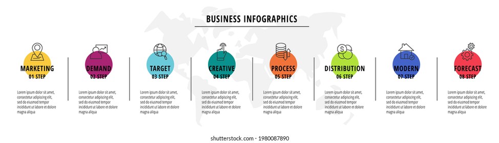 Flujo de infografía o línea de tiempo de ocho círculos de tarjetas conectadas por flechas. Concepto de negocio de 8 pasos. Plantilla de diseño para diagrama de flujo, contenido, niveles, gráfico, diagrama de procesos