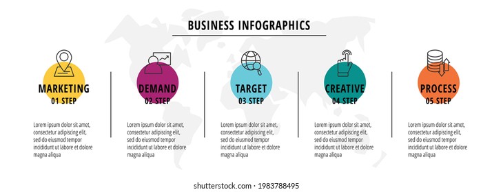 Flow infographics or timeline five circles cards connected by arrows. Business concept of 5 steps. Design template for diagram, workflow layout, presentations, levels