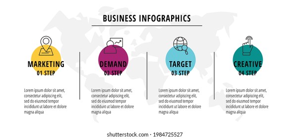 Flow infographics or timeline four circles cards connected by arrows. Business concept of 4 steps. Design template for diagram, web, banner, workflow layout, flowchart, content