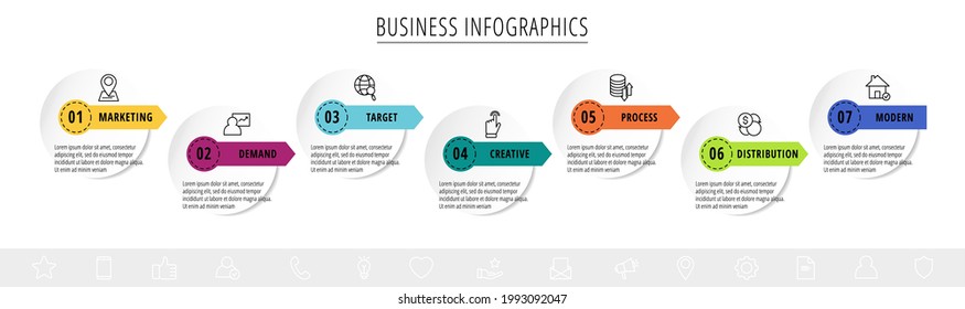 Flow infographics or timeline seven circles cards connected by arrows. Business concept of 7 steps. Design template for diagram, web, banner, workflow layout, presentations