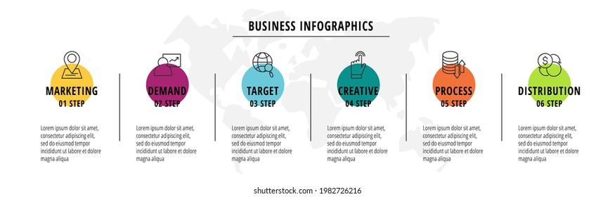 Flow-Infografiken oder Timeline sechs Kreise Karten durch Pfeile verbunden. Geschäftskonzept in 6 Schritten. Design-Vorlage für Banner, Präsentationen, Flussdiagramme, Ebenen, Prozessdiagramm