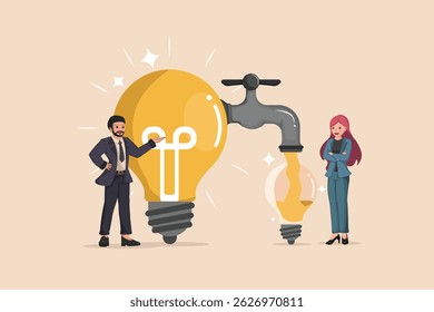 The Flow of Innovation and Idea Generation Art Depicting Business People Drawing New Ideas from a Source Represented by a Light Bulb Tap..