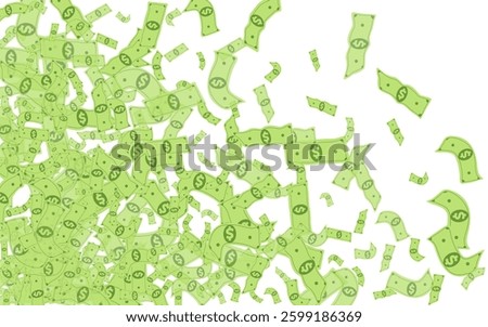 Flow Jackpot Vector White Background. Fly Cash Certificate. Fall Swirl Dollar Banner. Monetary Finance Casino Magazine.