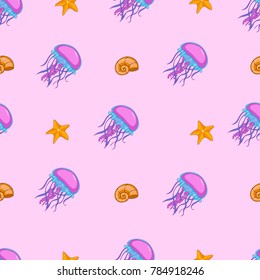 Flow jellyfishes. Handdrawn vivid jellyfishes in deep ocean water with long flow tentacles