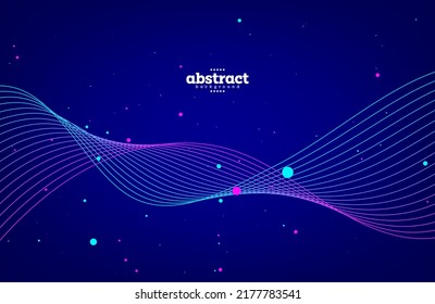 Fließlinie verdreht mit Teilchen in Blau und Violett. Bio-Technologie-Theme für Werbeplakat Banner Broschüre Website-Vorlage Produktpräsentation Paket Vektorgrafiken.