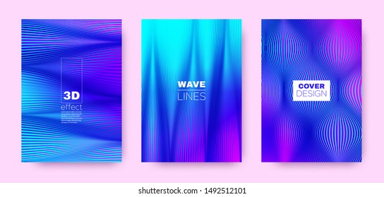 Flow Linear Poster. Magenta Abstract Covers Set. Movement Brochure. 3d Distorted Halftone Texture. Colorful Fluid Stripe Poster. Abstract Covers Set. Movement Brochure. Lines Poster.