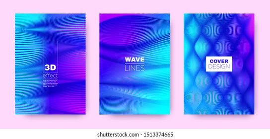 Flow Lines Poster. Purple Design Covers Set. Movement Brochure. 3d Geometric Halftone Gradient. Cyan Flow Lines Poster. Abstract Covers Set. Dynamic Background. Stripe Poster.