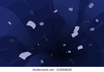 Flow of many paper documents, messages falling into eternal deep dark hole. Inbox spam, lost information concept. Abstract flat vector illustration of deleting, throwing away, missing, losing  stuff.
