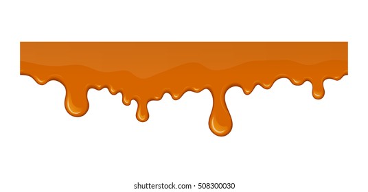 Flow of melted sweet caramel or candy. Vector liquid drop and splash. Tasty flowing brown syrup or honey. Seamless horizontal border in cartoon style. Abstract shapes isolated on white background.