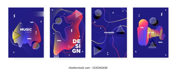 Flow Memphis Background. Graphic Hipster Banner. Blue Wave Shapes. Futuristic Bauhaus Illustration. Fluid Memphis Brochure. Modern Abstract Cover. Yellow Wave Shape. Fluid Memphis Gradient.