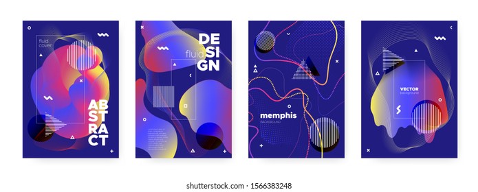 Flow Memphis Gradient. Modern Abstract Pattern. Blue Wave Shape. Graphic Bauhaus Composition. Flow Memphis Background. Futuristic Hipster Pattern. Bright Liquid Shapes. Fluid Memphis Background.