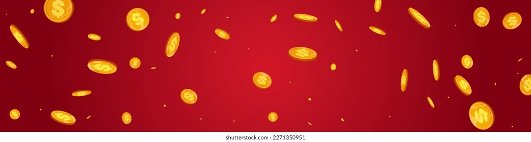 Flow Metal Confetti Vector Red Panoramic Background. Shiny Cash Casino Magazine. Gold Money Design. Scatter Dollar Cover.
