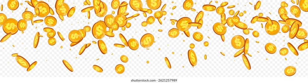 Fondo panorámico transparente del Vector del bote del metal del flujo. Folleto de dibujos animados de moneda brillante. Anuncio de Dólar de Oro. Volante de monedas de dispersión.