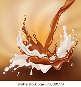 The flow of milk and chocolate is poured in and mixed. Vector illustration.