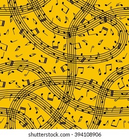 Flow of music. Music waves. Swirl of notes. Seamless pattern on orange background