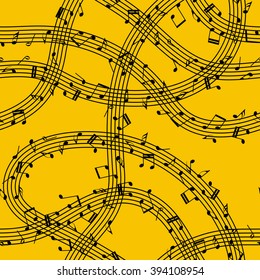 Flow of music. Music waves. Swirl of notes. Seamless pattern on orange background