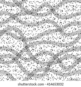 Flow of music. Music waves. Swirl of notes. Seamless pattern on white background