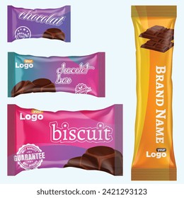 Mochila y barra de chocolate. Plantilla de paquete de aperitivos para galletas, galletas, wafer.