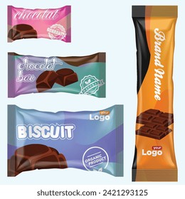 Mochila y barra de chocolate. Plantilla de paquete de aperitivos para galletas, galletas, wafer.