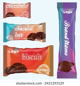 Mochila y barra de chocolate. Plantilla de paquete de aperitivos para galletas, galletas, wafer.