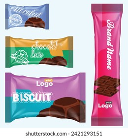 Flow pack and chocolate bar. Snack package template for cookies, biscuit, wafer.