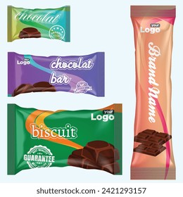 Flow pack and chocolate bar. Snack package template for cookies, biscuit, wafer.