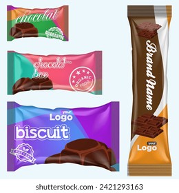 Flow pack and chocolate bar. Snack package template for cookies, biscuit, wafer.