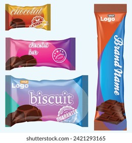 Mochila y barra de chocolate. Plantilla de paquete de aperitivos para galletas, galletas, wafer.