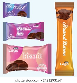 Flow pack and chocolate bar. Snack package template for cookies, biscuit, wafer.