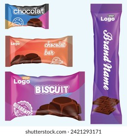 Flow pack and chocolate bar. Snack package template for cookies, biscuit, wafer.